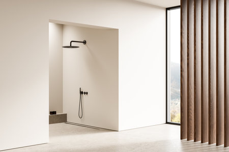 Corner view of beige hotel bathroom interior with shower and wooden slats, concrete floor. Bathing space with panoramic window on countryside. 3D renderingの写真素材