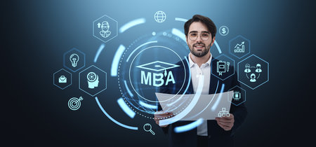 A man holding a paper, surrounded by futuristic icons related to MBA and business concepts, on a blue background, representing modern educationの写真素材