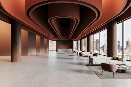 Stylish hotel lobby interior with modern furniture and panoramic city view. Elegant design with warm tones. 3D Renderingの写真素材