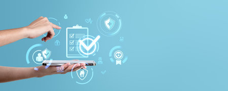 Woman finger touch glowing health insurance, using smartphone. Medical icons hologram hud with check mark. Concept of health benefits and services. Copy spaceの写真素材
