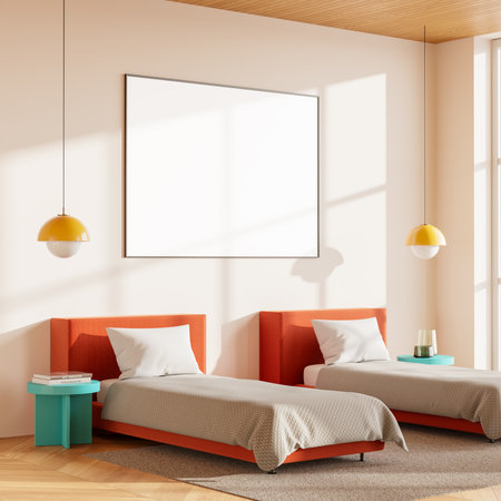 Corner view of bright hotel bedroom interior twin bed, nightstand with decoration and lamps. Colored sleep room with mock up canvas poster on white wall. 3D renderingの写真素材