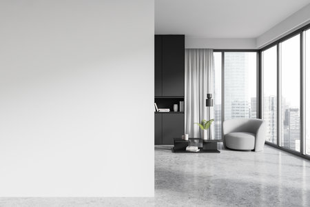 Modern interior showcasing an empty wall for mockup, featuring sleek furniture and large windows. Minimalist design concept. 3D Renderingの写真素材