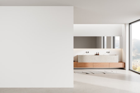 Stylish hotel bathroom interior with stone double sink, wooden dresser with accessories and mirror. Panoramic window on countryside. Mock up empty wall partition. 3D renderingの写真素材