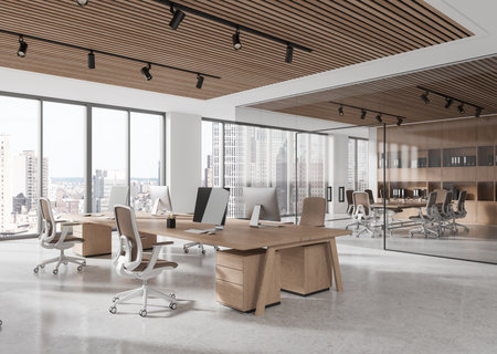 Contemporary open office interior with wooden accents, large windows, and cityscape view. Concept of modern corporate workspace. 3D Renderingの写真素材