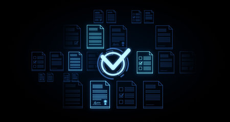 Neon check mark icon surrounded by documents on a dark background. Concept of approval and verification. 3D Renderingの写真素材