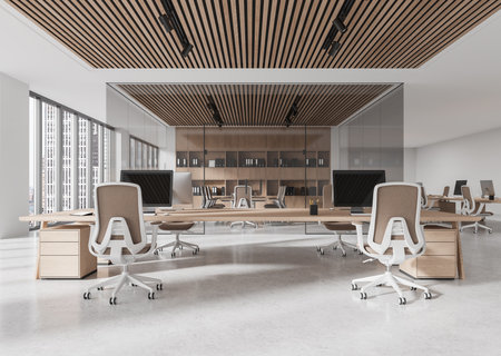 Spacious modern office with wooden ceiling and sleek furniture in a city setting. Open space concept showcasing contemporary design. 3D Renderingの写真素材