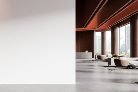 Dark office lobby interior stone reception desk with laptop. Waiting or consulting space with sofa and armchairs, panoramic window on skyscrapers. Mockup copy space wall partition. 3D renderingの写真素材