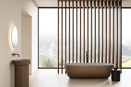 Beige home bathroom interior with sink, mirror and bathtub. Wooden slats and panoramic window on countryside. Stylish bathing space with furniture and accessories. 3D renderingの写真素材