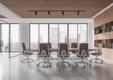 Spacious office boardroom with a large table, chairs, and city view. Minimalist design, natural light, business meeting concept. 3D Renderingの写真素材