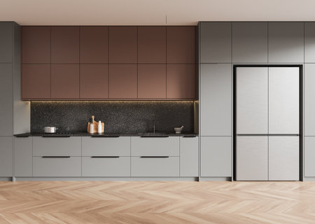 Sleek kitchen cabinets with a minimalist design and neutral tones, featuring a stylish backsplash and wooden floor. 3D Renderingの写真素材