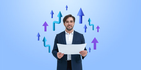 A man in a suit holding papers, surrounded by upward arrows. Illustrated arrows on a blue background, symbolizing growth and progressの写真素材