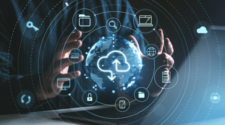 Hands surround a digital globe with cloud storage icons, on a dark background. Represents online...