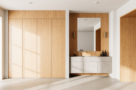 White and wooden bathroom interior with stone sink, accessories and mirror on wooden wall. Closet or wardrobe on concrete floor and doorway in stylish apartment. 3D renderingの写真素材