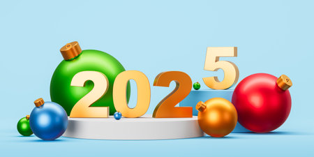 Golden 2025 with colorful Christmas baubles on a blue background. Concept of New Year celebration....