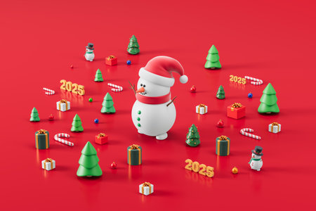 Large snowman top view surrounded by diverse christmas decoration, 2025 year on red background. Christmas trees, candy canes and gift boxes. Concept of holidays and presents. 3D rendering illustrationの写真素材