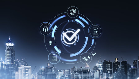 Digital checkbox with business icons over a cityscape at night, symbolizing project approval and quality assurance conceptsの写真素材