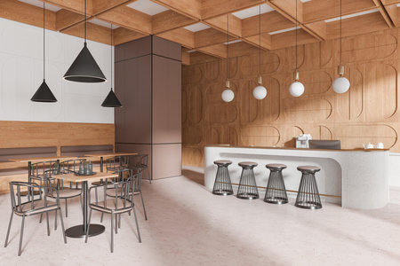 Corner view of wooden and beige cafe interior with bar counter and stool. Dining tables and sofa in row. Luxury eating space in contemporary restaurant. 3D renderingの写真素材