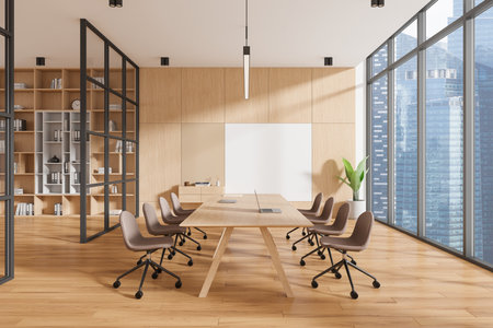 Conference room with wooden table and chairs, large windows, shelves, a plant, and city view. Modern business interior concept. 3D Renderingの写真素材