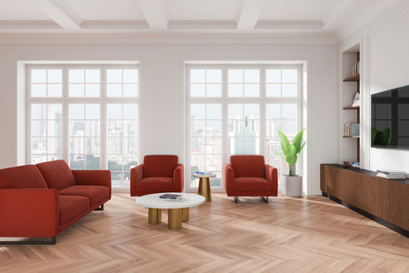 Living room with red sofa, armchairs, white walls, big windows showing cityscape, wooden floor, modern home design. 3D Renderingの写真素材