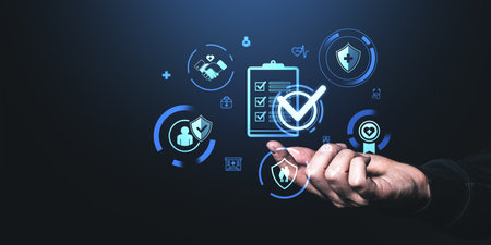 Hand interacting with digital healthcare and insurance icons in a futuristic style on a dark background, symbolizing modern health coverageの写真素材