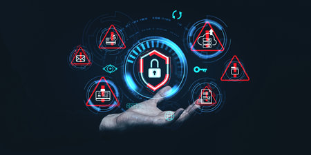 Hand holding digital security interface with padlock and warning icons, holographic style, dark background. Concept of cybersecurityの写真素材