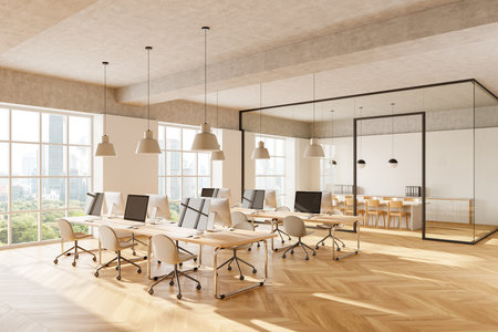 Spacious open space office interior featuring modern design with large windows, wooden flooring, and minimalist furniture. 3D Renderingの写真素材