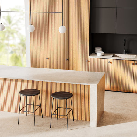 Top view of wooden kitchen interior with bar island and chairs, shelves with sink and kitchenware. Minimalist cooking space with panoramic window. 3D renderingの写真素材