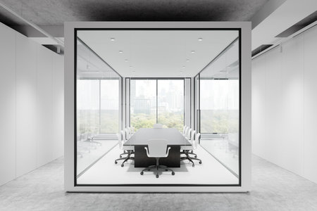 Sleek conference room with large windows and city view, featuring a long table and chairs. White interior. Business concept. 3D Renderingの写真素材
