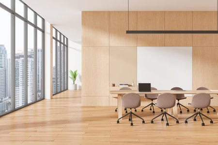 Spacious conference room with large table, chairs, and city view. Modern interior design, wooden floors, bright open space. Business concept. 3D Renderingの写真素材