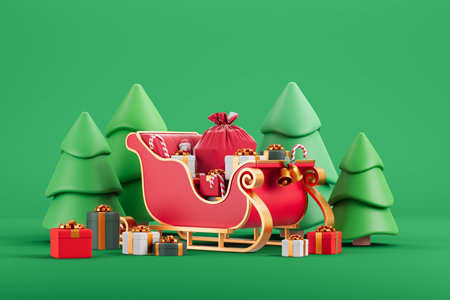 Red sleigh filled with Christmas gifts and candy canes, surrounded by trees on a green background. Concept of holiday delivery. 3D Renderingの写真素材