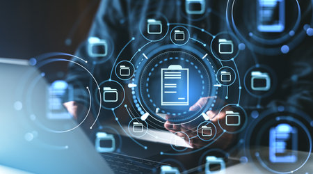 Digital document interface with icons on a futuristic screen. Blurred background. Concept of online...