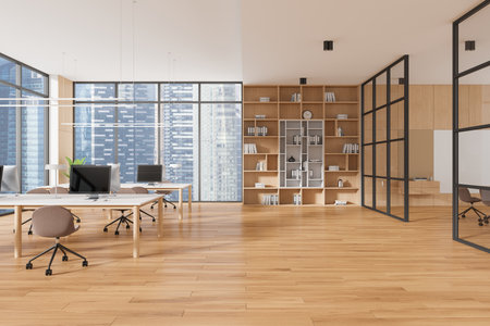 Spacious modern office with large windows and city view. Wooden floors and shelves, minimalist design, open space concept. 3D Renderingの写真素材