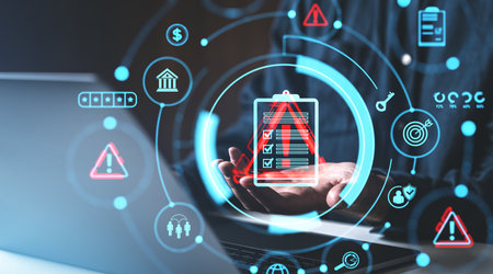 Digital icons for risk management and assessment, featuring checklist and warning symbols, on a dark business background, concept of strategyの写真素材