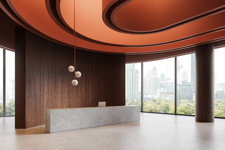 Contemporary lobby with sleek reception desk, large windows showcasing cityscape, modern wood accents, and stylish lighting. 3D Renderingの写真素材