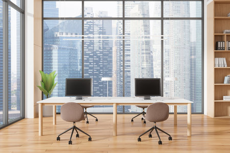 Office interior with desks and computers, wooden floor, large windows showing cityscape, modern corporate business space. 3D Renderingの写真素材