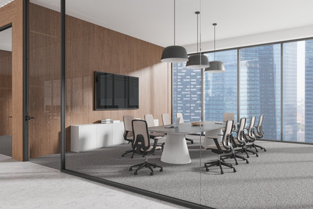 Spacious conference room with a large table, chairs, and a screen. Wooden walls and glass windows. Corporate meeting space. 3D Renderingの写真素材
