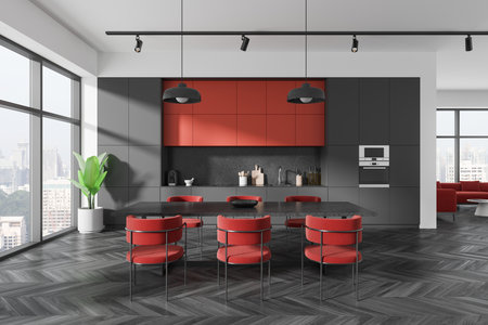 Stylish kitchen with red cabinets and chairs, sleek black accents, large windows. Contemporary design in a bright room. 3D Renderingの写真素材