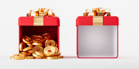 Two red gift boxes with gold coins and ribbons on a white background. Concept of prosperity and celebration. 3D Renderingの写真素材