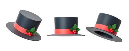 Three festive top hats with red bands and holly leaves, isolated on a white background. Concept of Christmas and celebration. 3D Renderingの写真素材