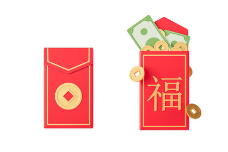 Red envelopes with coins and bills, symbolizing prosperity, on a white background. Concept of Chinese New Year celebration. 3D Renderingの写真素材
