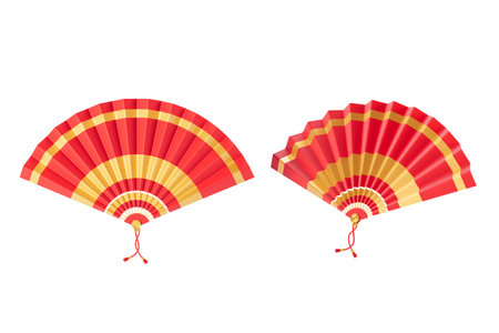 Two traditional Chinese fans in red and gold on a white background. Concept of elegance and celebration. 3D Renderingの写真素材