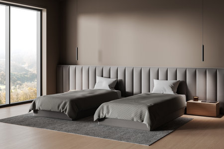Twin beds in modern bedroom with large windows, neutral tones, and sleek design. Minimalist elegance in contemporary home. 3D Renderingの写真素材