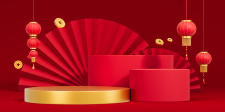Red and gold podium with Chinese lanterns and coins on a red backdrop. Concept of New Year celebration. 3D Renderingの写真素材