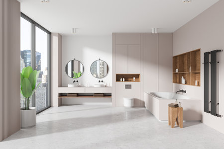 Spacious modern bathroom interior with large windows and city view. Minimalist style, neutral tones. Concept of luxury living. 3D Renderingの写真素材