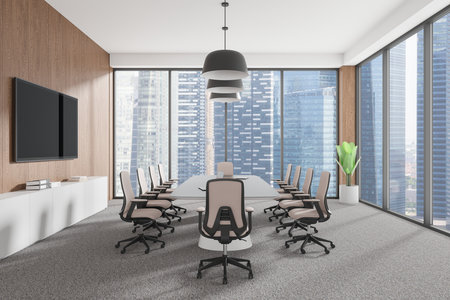 Spacious conference room interior, featuring a long table and chairs, large windows with city view, wooden walls, and carpet. 3D Renderingの写真素材
