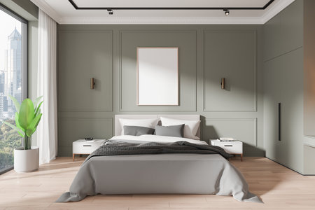Molding home bedroom interior bed and nightstand with decoration, hardwood floor. Panoramic window on city skyscrapers. Mock up canvas poster. 3D renderingの写真素材