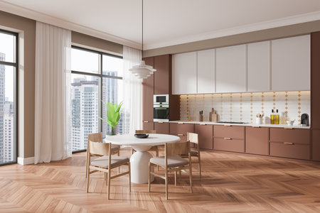 Elegant kitchen design featuring natural wood floors, round dining table, and large windows overlooking the cityscape. 3D Renderingの写真素材