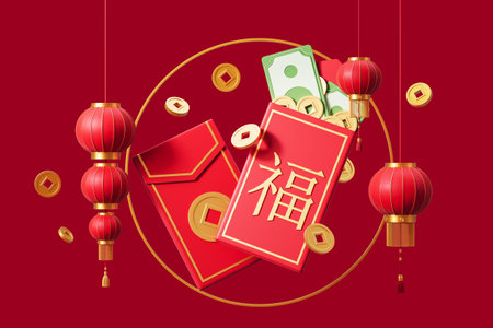 Festive Chinese New Year scene with red envelopes, gold coins, and lanterns on a red background. Celebration and prosperity. 3D Renderingの写真素材