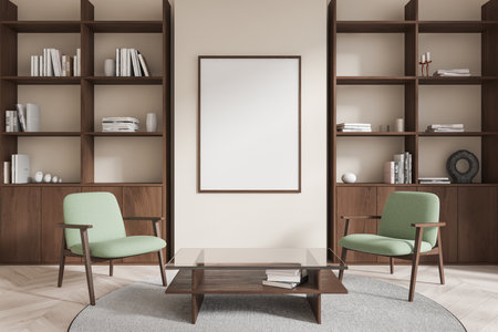 Framed blank poster in a modern living room with wooden shelves, green chairs, and a glass table. Interior design concept. 3D Renderingの写真素材