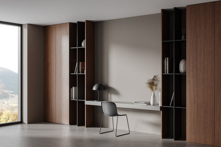 Modern home office with sleek furniture, wooden shelves, and a large window. Minimalist design on a neutral background. 3D Renderingの写真素材